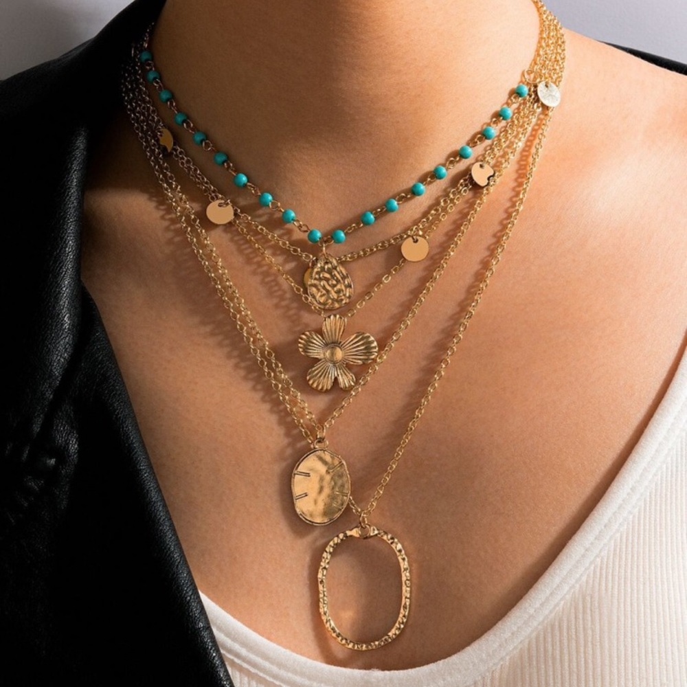 2 piece flower & turquoise charm layered necklaces